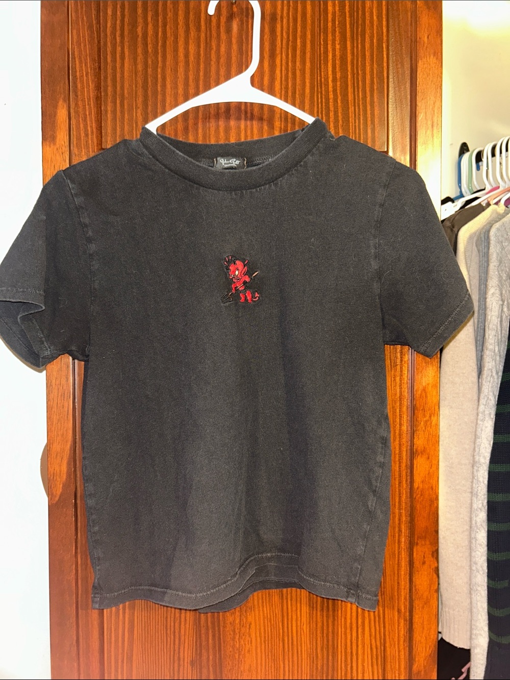 Brandy Melville Black Tee with Small Red Devil Embroidery